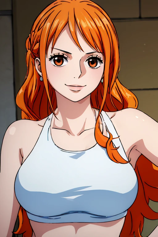 (((masterpiece))), (((best quality))), ((ultra-detailed)), (highly detailed CG illustration), Nami, (nsfw:1.2), (masterpiece:1.5), Detailed Photo, Smiling, Sexy, (Best Quality: 1.4), (1girl), Beautiful Face, (Orange Hair, long Hair: 1.3), Beautiful Hairstyle,  beautiful detail eyes, (realistic skin), beautiful skin, absurd, attractive, ultra high resolution, high definition, (sexually aroused:1.5), Pinkish white skin, cool white light, sexy pose, Beautiful , white background, pink soft white light, Wear a white tank top,