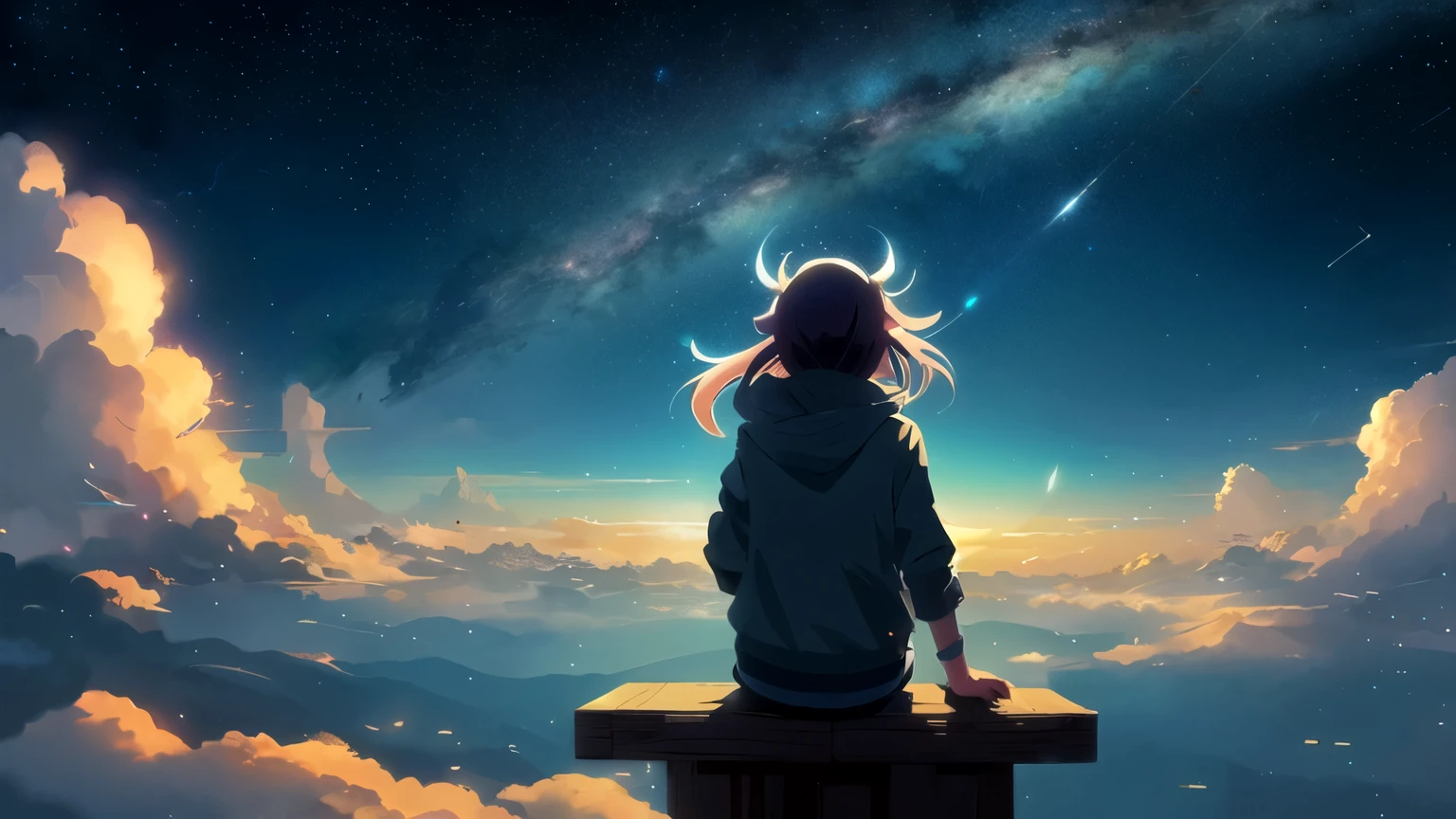 Anime girl sitting on a shelf and staring at the sky, jiburi cyril rolando, 4k anime wallpaper, anime art wallpaper 8k, anime art wallpaper 4k, anime art wallpaper 4k, anime wallpaper 4k, anime wallpaper 4k, space sky. by makoto shinkai, anime style 4k, 4k manga wallpaper