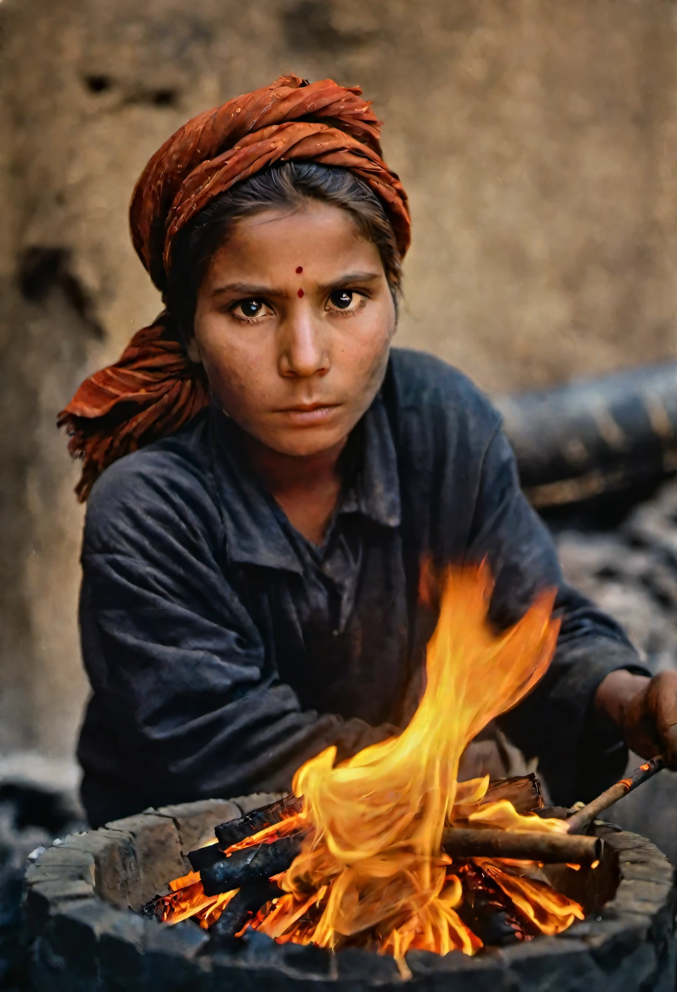 A person is burning a charcoal fire, Flame blurred foreground, Take it out from the bottom, portrait, 1990s, Photo by Steve McCurry, Leica camera, (face focus background, emotional face, Clear face,