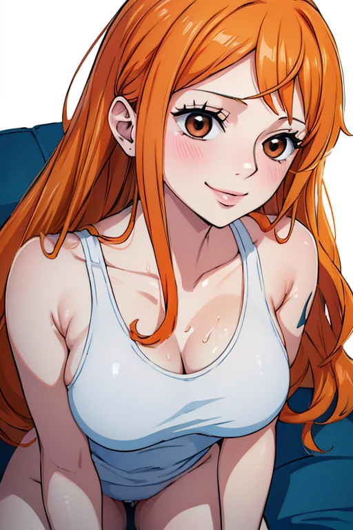 (((masterpiece))), (((best quality))), ((ultra-detailed)), (highly detailed CG illustration), Nami, (nsfw:1.2), (masterpiece:1.5), Detailed Photo, Smiling, Sexy, (Best Quality: 1.4), (1girl), Beautiful Face, (Orange Hair, long Hair: 1.3), Beautiful Hairstyle,  beautiful detail eyes, (realistic skin), beautiful skin, absurd, attractive, ultra high resolution, high definition, (sexually aroused:1.5), Pinkish white skin, cool white light, sexy pose, Beautiful , white background, pink soft white light, Wear a white tank top,