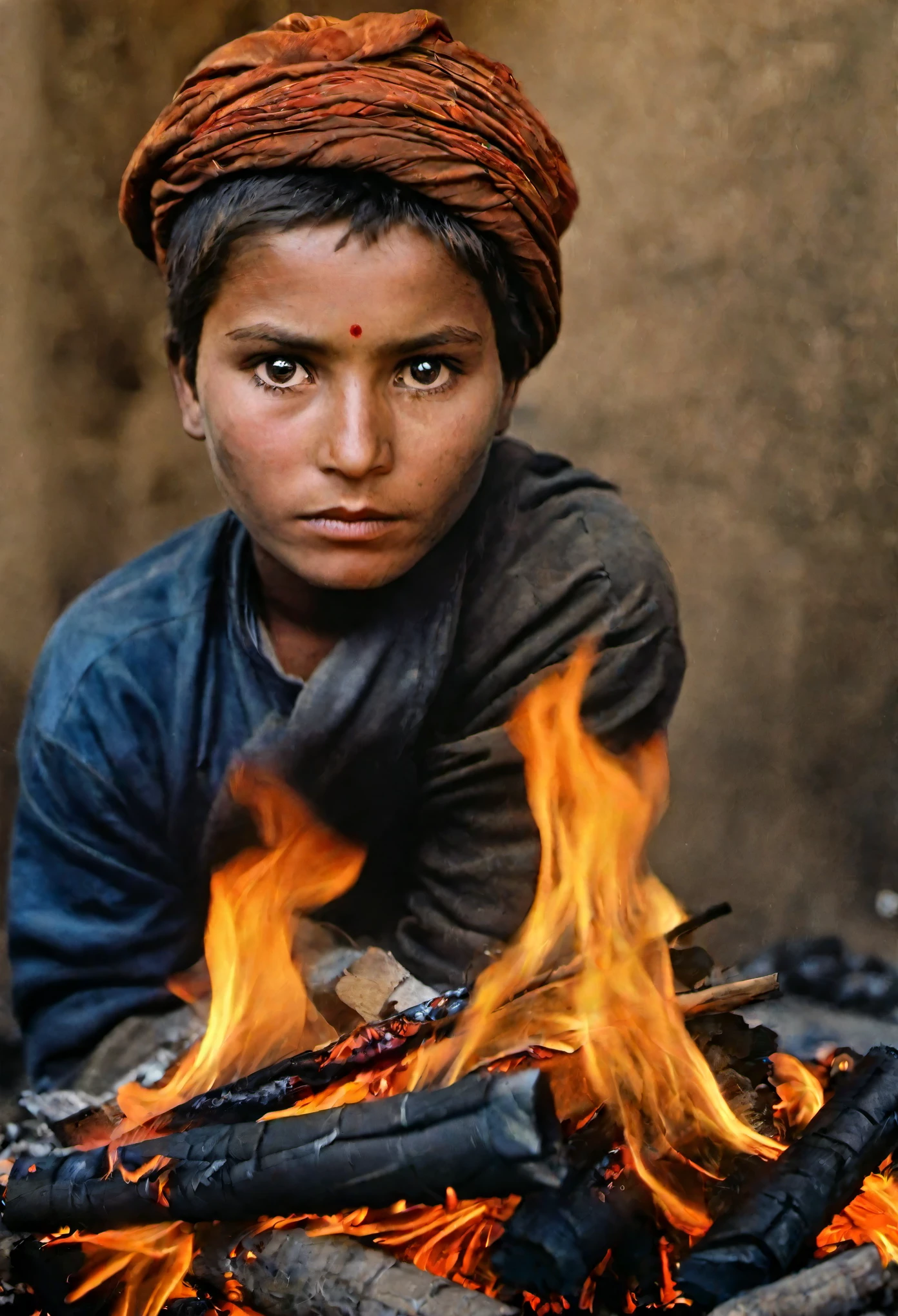 A person is burning a charcoal fire, Flame blurred foreground, Take it out from the bottom, portrait, 1990s, Photo by Steve McCurry, Leica camera, (face focus background, emotional face, Clear face,