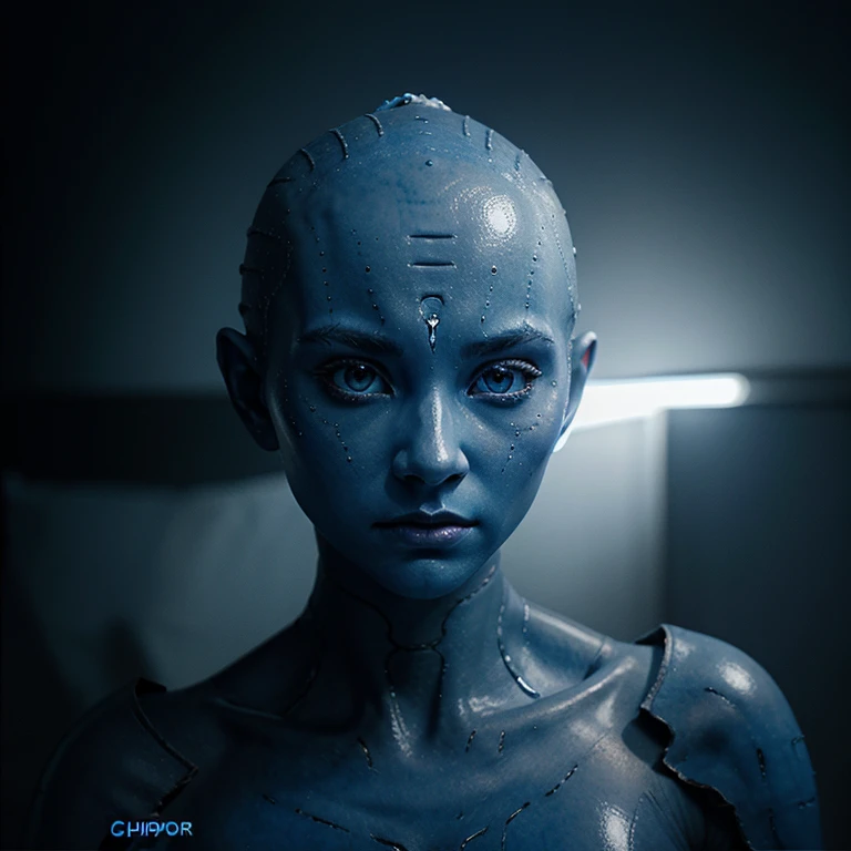 Hiper detailed alien blue skin with deep white eyes cinematic compose translucent skin ciaro oscuro art master piece