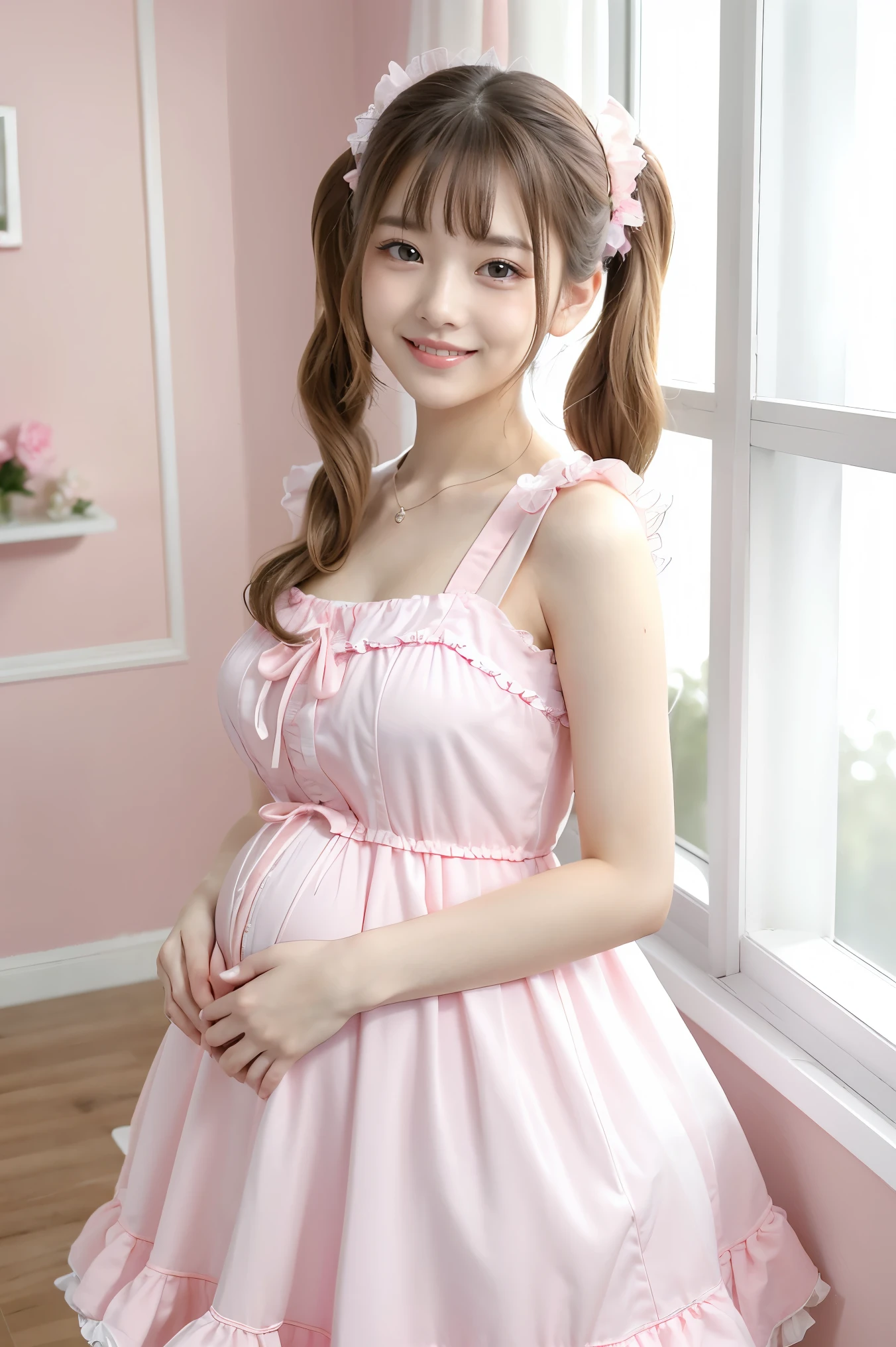 (highest quality、masterpiece、8K、best image quality、hyper realism、Award-winning work)、1 pregnant woman、(solo:1.1)、(1 photo:1.1)、(Feminine and girly cute light pink frilly lolita dress:1.2)、(Perfect straight twin tails:1.2)、(late pregnancy:1.2)、(low length:1.1)、(Height: 140cm:1.1)、(big breasts:1.1)、emphasize body line、slender body、Standing gracefully、(Pastel colored girly and feminine lolita room background:1.1)、(The background is a blurred lolita room:1.1)、(Feminine and girly cute curtains in pastel colors:1.1)、(very bright:1.1)、(Pastel colored walls with feminine and girly cute decorations:1.1)、blurred background、Full body photo of a woman standing gracefully、accurate anatomy、perfect makeup、long eyelashes、glossy lips、Ultra high definition glossy skin、(Ultra-high definition bright and beautiful skin:1.2)、超高精細のglossy lips、Super high definition beautiful teeth