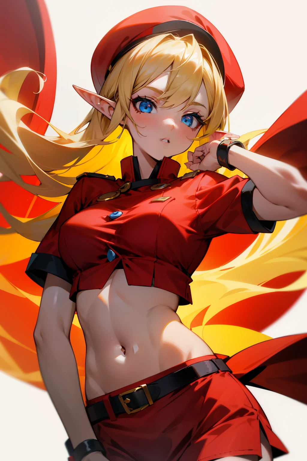 Girl, elf, blonde hair, blue eyes, red hat, red clothes, yellow buttons, medium-sized breasts, exposed stomach, black belt, short red skirt,