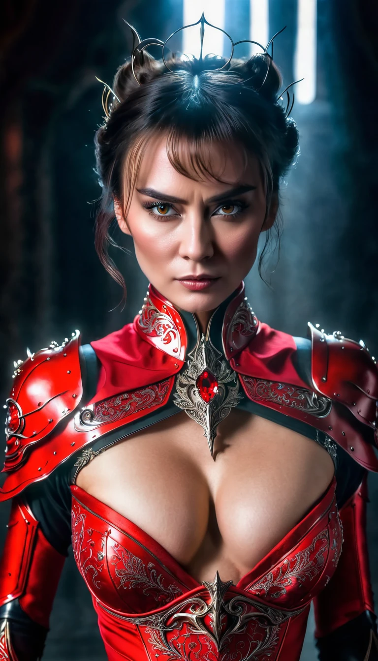 photo, portrait, intimidating Woman [a cursed prince], [scifi:fantasy:0.6] cinematic Lighting, red dress