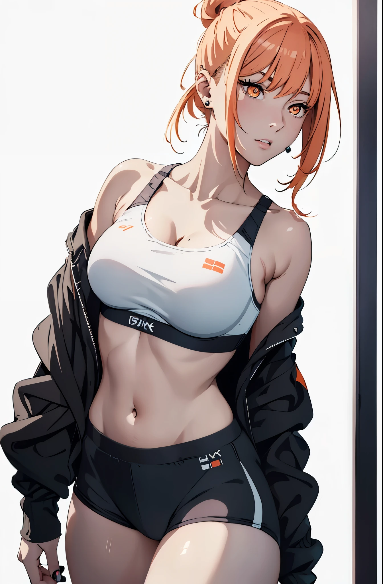 realistic, Beautiful detailed girl, clear and beautiful, Personage as the main perspective, shiny_skin, girl,mature woman,female, young,25 years old, (medium hair), bangs, (Top knot:1.3), sidelocks, orange hair, (beautiful detailed Glass hair), pink streaked hair,beautiful detailed cold face, cold expression, complex details beautiful and delicate eyes, fingernails, medium_breasts, , orange eyes, Authentic skin texture, gleaming skin,(Multiple piercings), necklace,(sports bra:1.3),(racing bloomers:1.3),bloom,(line art:1.2),realistic illustration,(unreal engine),(GoPro),(insanely detailed),perfect shading,(digital art),(ray tracing),(intricate detailed),creative refinement,(dark atmosphere)