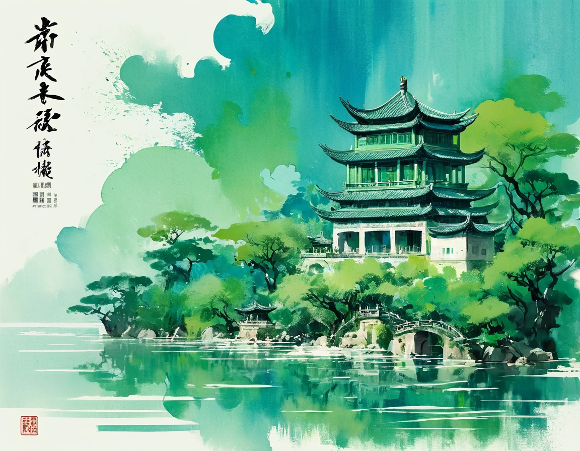 Chinese folk tales, Chinese movie poster, blue green, flat strokes, , delicate brushstrokes, chic architecture, Elba style, calm and contemplative