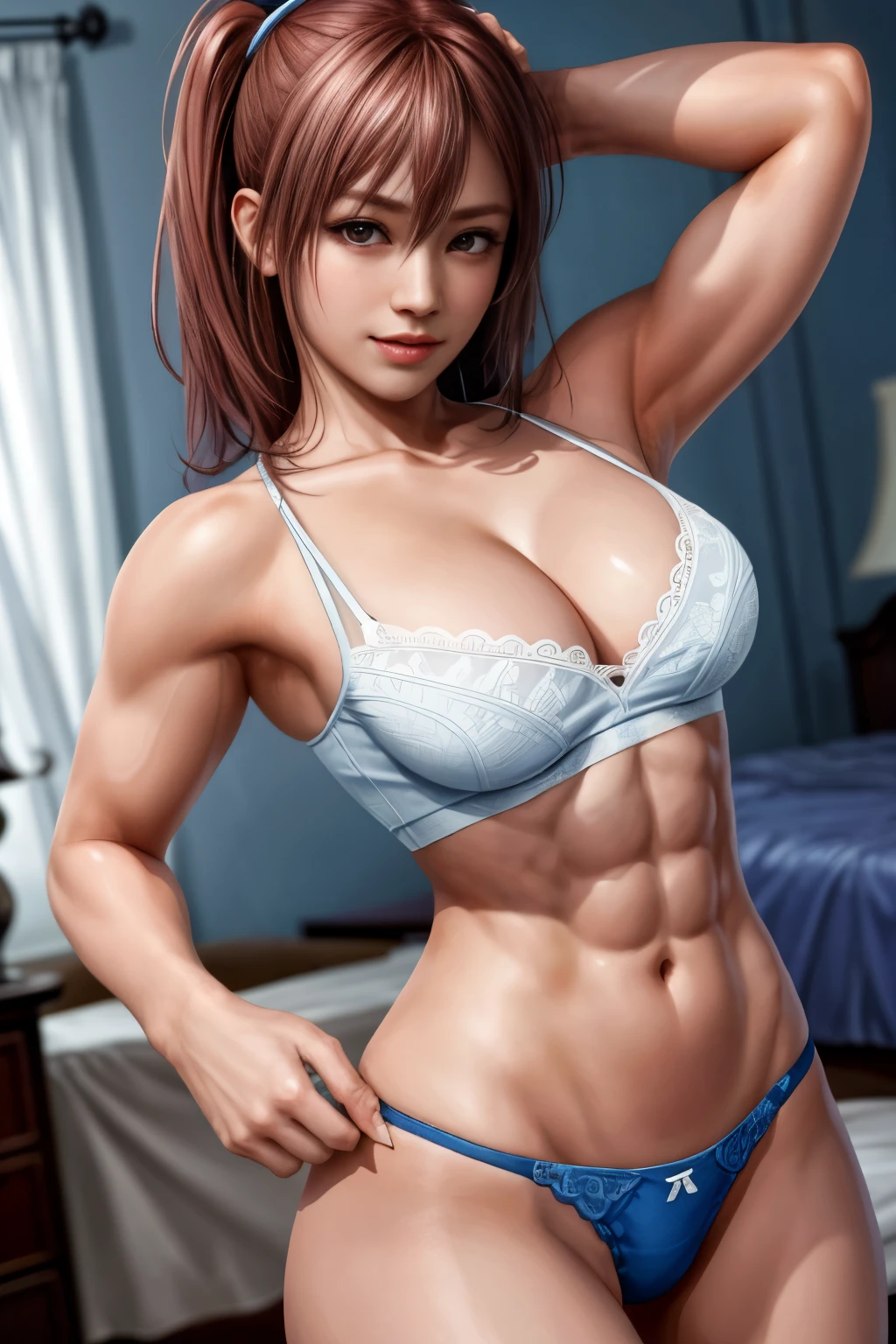 Honoka, bedroom, ultra skimpy blue white  shirt, abs, feminine toned, seductive face, sexy, fighter pose, biceps, cotton panties, add_detail:1, slightmuscle