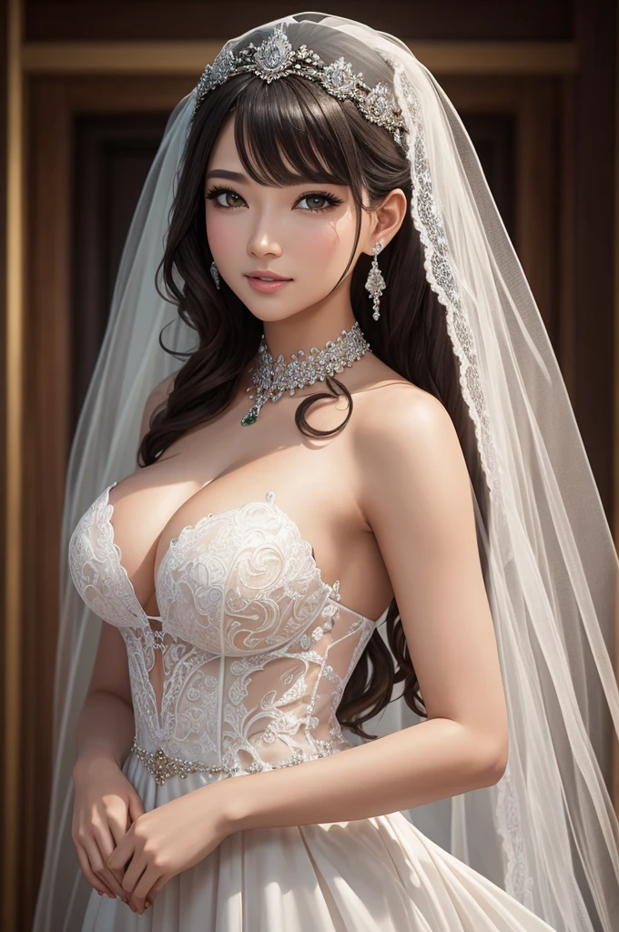 (Masterpiece), best quality, highest quality, highly detailed CG unity 8k wallpaper, original, high resolution, (depth of field: 1.5), fidelity: 1.3, breasts, bride portrait style, 1 girl, curtains, veil , bridal veil, wedding dress, curtains, jewelry, solo, earrings, teeth, bride, black_hair