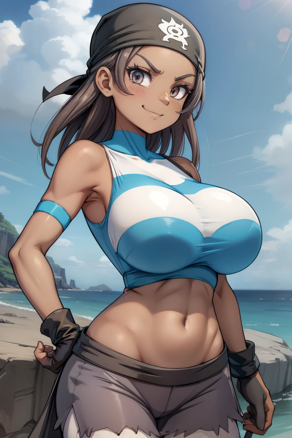 masterpiece, best quality, pkmntag, bandana, striped crop top, armband, black shorts, black gloves, striped leggings, upper body, looking at viewer, furrowed brow, smile, large breasts, sky, ocean, clouds, rocky shore, (dark skin:1), low rise shorts
