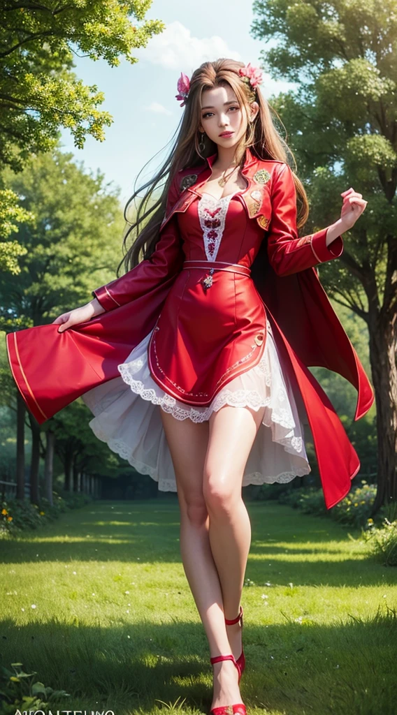 full body portrait,masterpiece,highest quality,High resolution,1 girl,alone,Aerith Gainsbourg,green eyes,hair ornaments,red jacket over pink long summer dress,cowboy shot,looking at the viewer,farm,outdoor