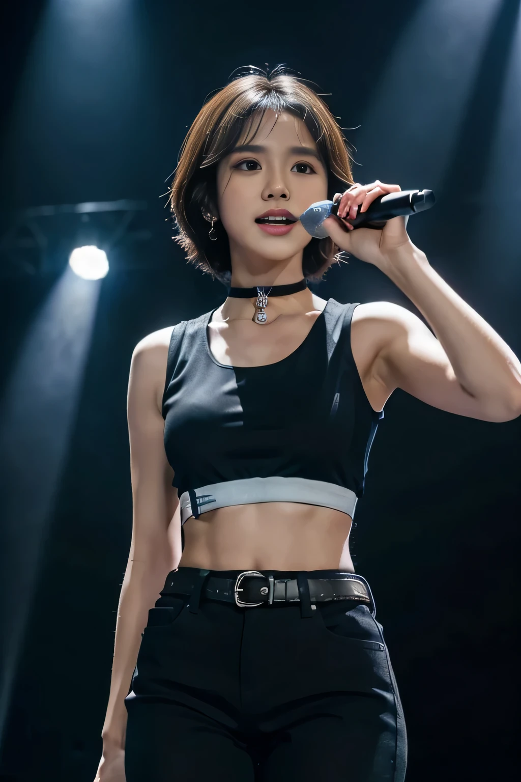 (masterpiece, best quality:1.2), cowboy shot, solo, 1girl, indonesian, pantura, flower \(v4\), \:d, singing, holding microphone, short hair, sleeveless shirt, black pants, choker, bandages, musical concert, stage, spotlight