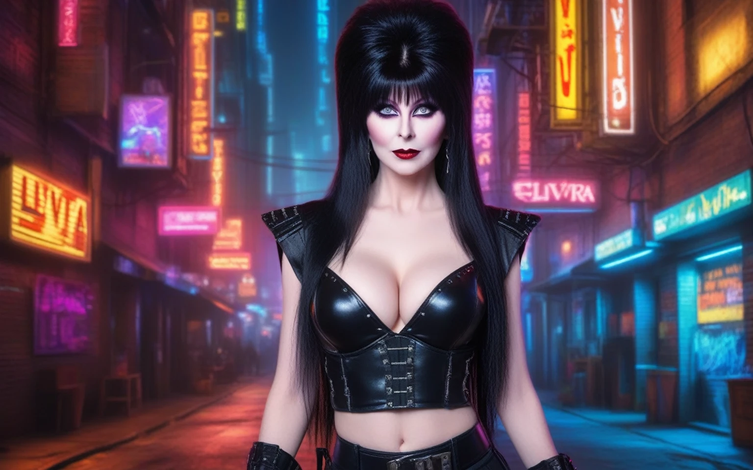 realistic photo: futuristic busty techno crop top, intricate top details, sexy (elvira:1.5), (cyberpunk:1.3), futuristic, cyberpunk town, dark alley, videogames, night, front view, HDR, 4k, 8k, masterpiece, (blurred background:1.2), (retro:1.2), cleavage