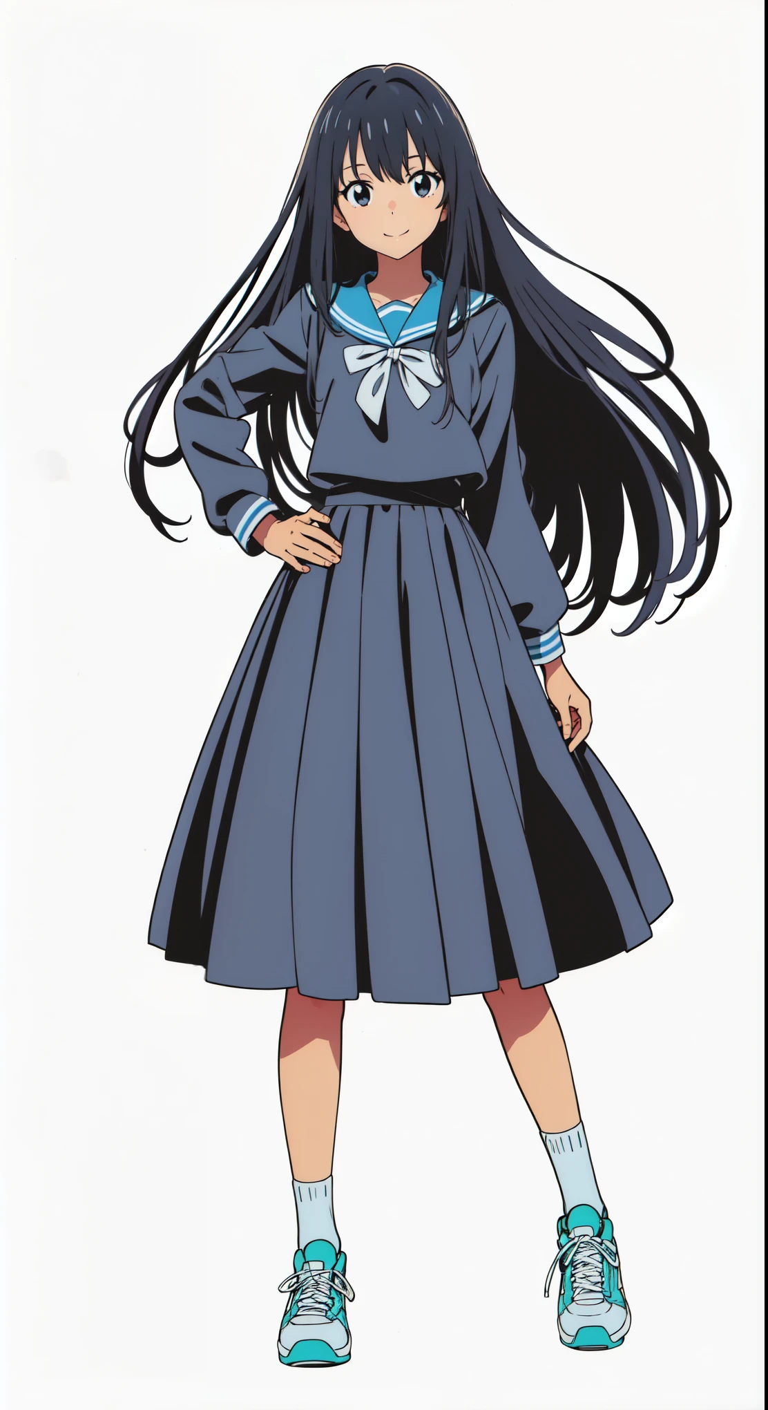 (cheerful:1.5), (light smile:1.5), (white background:1.0), (best quality:1.0), (masterpiece:1.0), (super fine illustration:1.0), (beautiful artwork:1.0), (anime screencap:1.0), (official art:1.0), (solo:1.0), (JHSGA:1.0), (a 15yo cute girl:1.0), (long skirt:1.0), (dark blue skirt:1.0), (pleated skirt:1.0), (dark blue sailor uniform:1.0), (long sleeve sailor uniform:1.0), (sneakers:1.0), (white socks:1.0), (ideal ratio body proportions:1.0), (lanky:1.0), (tall:1.0), (slender:1.0), (small breasts:1.0), (smaller face:1.0), (tareme:1.0), (detailed beautiful eyes:1.0), (detailed beautiful face:1.0), (glowing black eyes:1.0), (medium hair:1.0), (black hair:1.0), (standing:1.0), (looking at viewer:1.0)