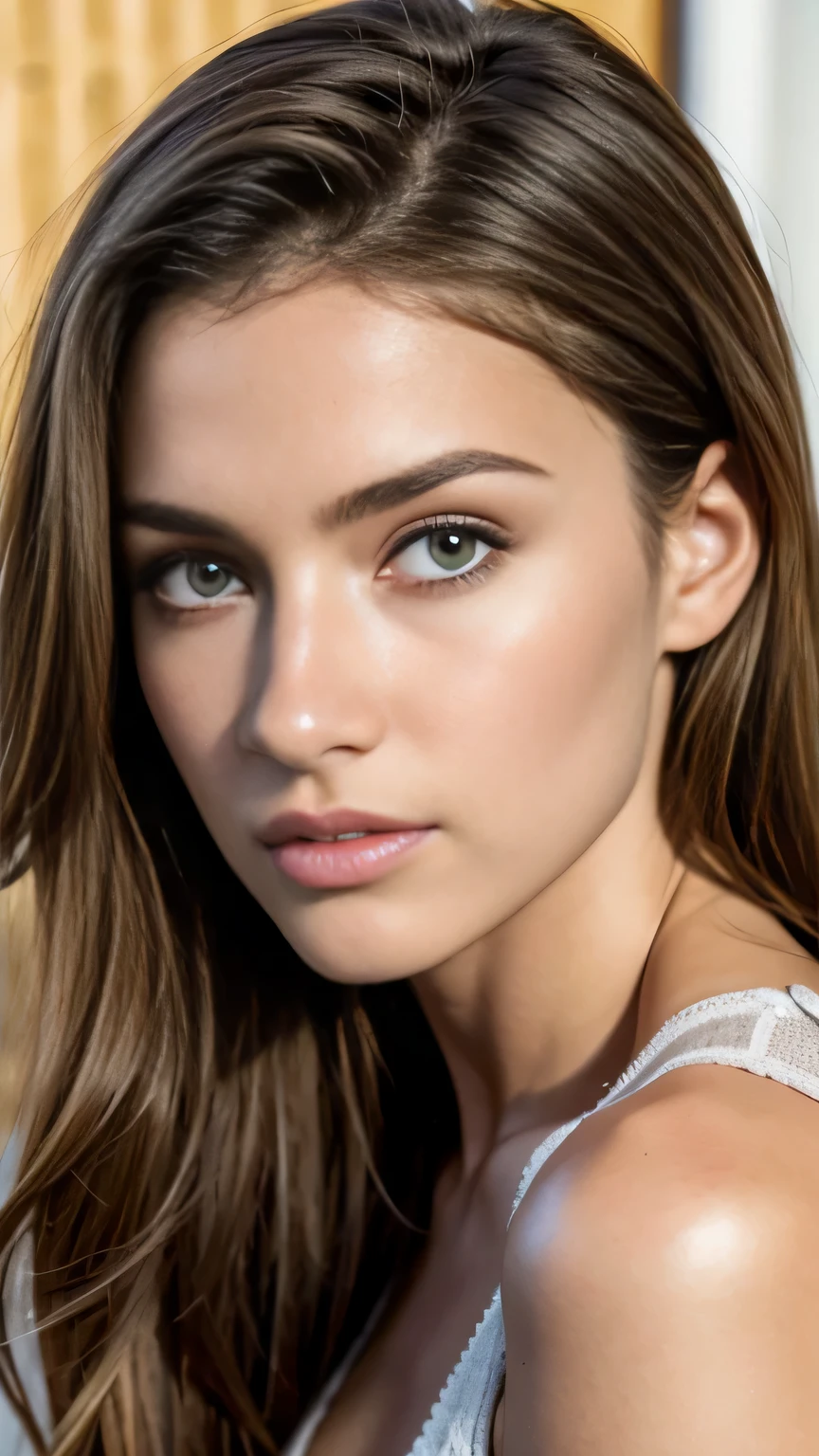 ((best quality)), ((Meisterwerk)), (Detailliert), Perfektes Gesicht((best quality)), ((Meisterwerk)), (Detailliert), Perfektes Gesicht(best quality)), ((Meisterwerk)), (Detailliert), Perfektes Gesicht(best quality)), ((Meisterwerk)), (Detailliert), Perfektes Gesicht,stunning realistic, photorealistic, photorealism, 1 beautiful spain girl,small nose,17 years old,Brown long hair,light curly hair,beautiful grey and hazel eyes,light sixpack,cropped kintted sweater ,wearing bikini,