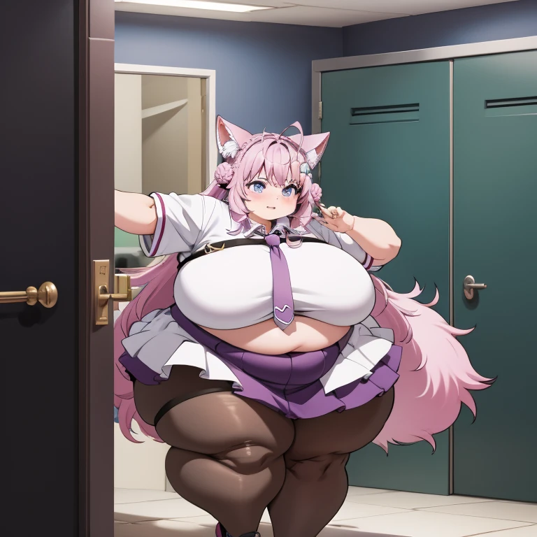 1girl, top heavy figure, (((incredibly big chest))), ((saggy chest)), plump, incredibly plump, ((big belly)), (((big tits))), pout, embarassed, wide, (((obese))), (((fat))), ((love handles)), double chin, out of shape, obese, fatty, shortstack, short woman, big bossom, ((milf)), small height, mature, standing, full body, bbw, ssbbw, hakui koyori, wolf ears, purple eyes, pink hair, very long hair, frilled skirt, crop top, collared shirt, brown pantyhose