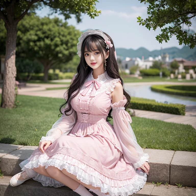 best quality, delicate face,beautiful visual work,lifelike,1 girl, eternal, black hair, Long curly hair, blunt bangs, Smile, pink skirt, pink lolita dress, layered skirt, Lolita style long skirt,分層連衣裙 lace-trimmed 裙子, decorate, lace, long sleeve, puff sleeves, wide sleeves, Transparent sleeves, hair accessories, 在flower园里, flower, Detailed background, delicate face,pink blush,White knee-length socks, Pink shoes,cold,Lots of lace,((Masterpiece))、(top quality)、8K、high detail、super detailed,21 years old female,穿着pink lolita dress((dreamy atmosphere:1.1))、Seductive and whimsical style、Masterpiece、born、Scenes resembling fairy tale illustrations、Intricate details showcase the ruffles and intricate designs of the Lolita dress、beautifully、magic、capricious、 beautifully、Dream aesthetics、「𝓡𝓸𝓶𝓪𝓷𝓽𝓲𝓬、ethereal、charming、fickle、magic」、realism、Visual effects、FXAA、SSAO、shader、voiceless、environmental lighting、Tone mapping、High resolution、ultra high definition、megapixel、(8K resolution:1.10)、8K、Below 8K、8K resolution、high detail、intricate details, (high quality:1.2、Masterpiece:1.2、:1.21)、(21 years old female:1.21)、(興奮地Smile)、(Surrounded by the dreamy atmosphere、High heel、Model diagram,full-body shot,Knee-high 白色的 lace socks,Sweet Lolita,Normal 2 feet,Pink shoes,Baotou shoes,silver crown tiara,Don't show your fingers,lolita cake dress,Thousand layer skirt,Every layer has lace,The skirt has a hem,cold,huge breasts,hands on hips,Wide cuffs cover hands,