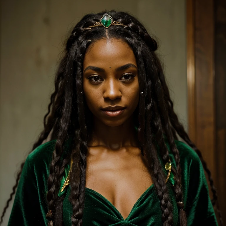 Black woman of African descent, with long dreadlocks in her hair, green eyes, wearing an emerald crown, wearing a green velvet dress