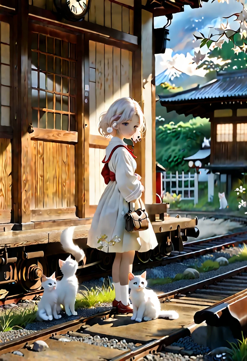 (8K、Raw photo、highest quality、look up:1.2、masterpiece:1.2、genuineistic、ultra high resolution、high contrast、photon mapping、genuine、Super detailed、official art, Raw photo、professional lighting、 light、Vivid atmosphere、twicelight) This scene is、It depicts an old wooden train station in the countryside exposed to the morning sun in spring.。The station building seems to have been forgotten, giving a sense of nostalgia.、There is silence and calm。 On the station platform、There is a girl and a white kitten。The white kitten sits under the door with the clock、Watching over the station premises。This scene is、Reminiscent of a rural Japanese town、The atmosphere is tranquil, as if it were located near a Japanese shrine.。 The girl&#39;s expression is young.々work、Delicate、I am embarking on a new journey amidst a station building and scenery that remind me of nostalgic memories.。A white kitten watches over the premises like a stationmaster.、It seems like they are celebrating the girl&#39;s departure to a new stage.。 This scene is、The beautiful scenery and tranquil atmosphere of the Japanese countryside are combined.、It will give the viewer a sense of comfort and warmth.