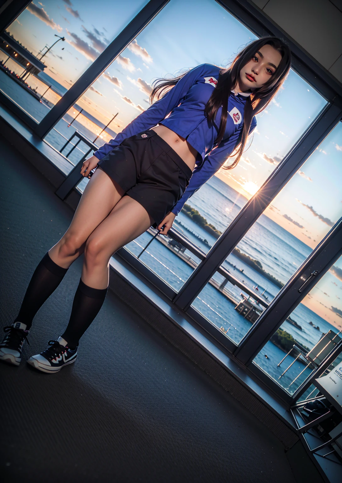 ((masterpiece)), ((best quality)), ((highres)), ((detailed background)), ((extremely detailed CG unity 8k wallpaper)), solo, gym girl body, natural lighting, sunset, ichinose kotomi, clannad uniform, blue skirt, black socks, two side up, hair ornaments, photography, person, tarankaaa, 1girl blueish purple hair, library background, hyper realistic, photorealistic,