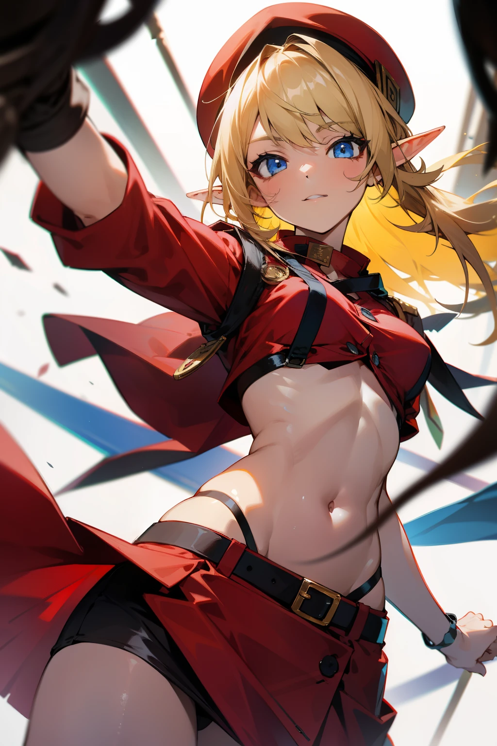 Girl, elf, blonde hair, blue eyes, red hat, red clothes, yellow buttons, medium-sized breasts, exposed stomach, black belt, short red skirt,