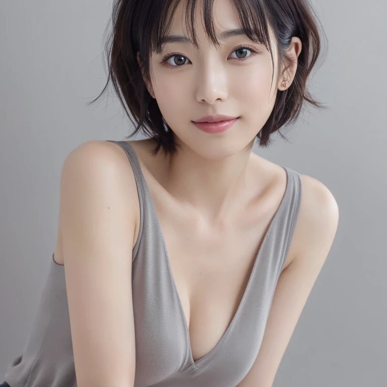 (the Extremely Detailed CG Unity 8K Wallpapers, masutepiece, Best Quality, Ultra-detailed, Looking at the camera, Light on Face, Gray background, upper body shot), 29-year-old Japanese woman, Droopy eyes:1.7, Dimples:1.9, wide lips:1.7, short hair:2.0,short bob hair,small breasts