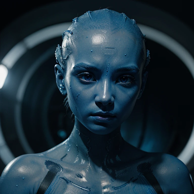 a beautiful alien humanoid girl, 1girl, blue skin, striking facial features, large blue eyes, long lashes, gorgeous blue lips, detailed facial features, smooth skin, intricate alien anatomy, elegant pose, mysterious expression, alien landscape, glowing neon lights, holographic elements, ethereal atmosphere, cinematic lighting, vibrant colors, photorealistic, 8k, ultra-detailed, hyper-realistic, concept art style