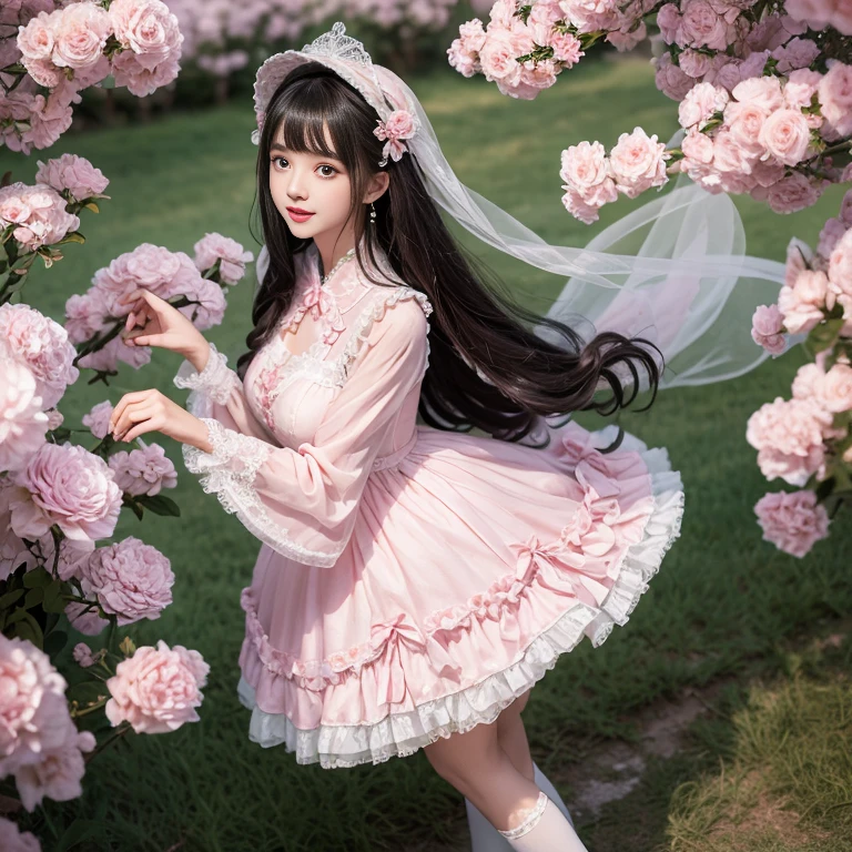 best quality, delicate face,beautiful visual work,lifelike,1 girl, eternal, black hair, Long curly hair, blunt bangs, Smile, pink skirt, pink ta dress, layered skirt, Lolityle long skirt,分層連衣裙 lace-trimmed 裙子, decorate, lace, long sleeve, puff sleeves, wide sleeves, Transparent sleeves, hair accessories, 在flower园里, flower, Detailed background, delicate face,pink blush,White knee-length socks, Pink shoes,cold,Lots of lace,((Masterpiece))、(top quality)、8K、high detail、super detailed,21 years old female,穿着pink lolita d((dreamy atmosphere:1.1))、Seductive and whimsical style、Masterpiece、born、Scenes resembling fairy tale illustrations、Intricate details showcase the ruffles and intricate designs of the Lolita dressutifully、magic、capricious、 beautifully、Dream aesthetics、「𝓡𝓸𝓶𝓪𝓷𝓽𝓲𝓬、ethereal、charming、fickle、magic」、realism、Visual effects、FXAA、SSAO、shader、voiceless、environmental lighting、Tone mapping、High resolution、ultra high definition、megapixel、(8K resolution:1.10)、8K、Below 8K、8K resolution、high detail、intricate details, (high quality:1.2、Masterpiece:1.2、:1.21)、(21 years old female:1.21)、(興奮地Smile)、(Surrounded by the dreamy atmosphere、High heel、Model diagram,full-body shot,Knee-high 白色的 lace socks,Sweet Lolita,Normal 2 ,Pink shoes,Baotou shoes,silver crown tiara,Don't show your fingers,lolita cake dress,Thnd layer skirt,Every layer has lace,The skirt has a hem,cold,huge breasts,hands on hips,Wide cuffs cover hands,