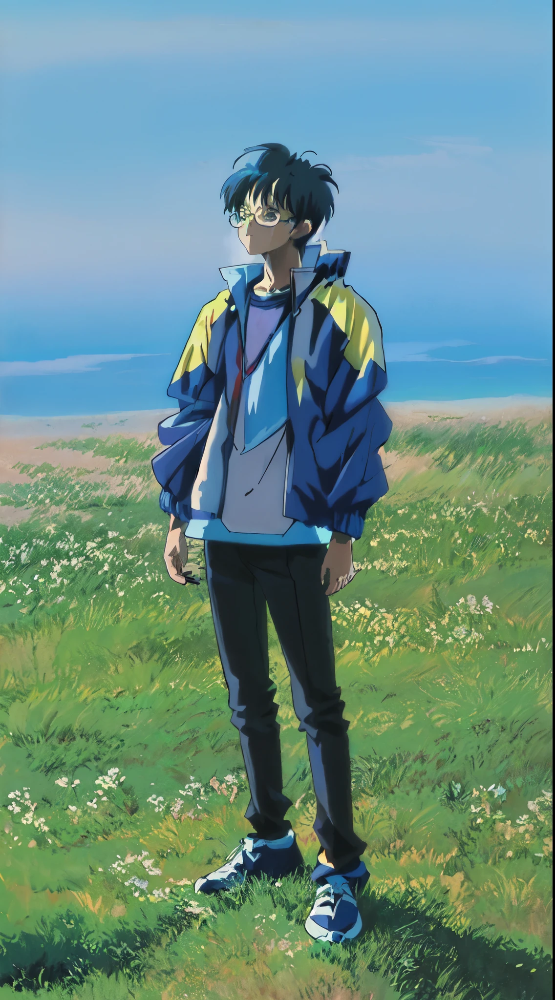 muted pastel colors, retro anime, 1990s anime, 1980s anime, brush strokes, masterpiece, best quality, 1boy, solo, black eyes, glasses, blue and yellow jacket, closed mouth, medium hair, detailed background
