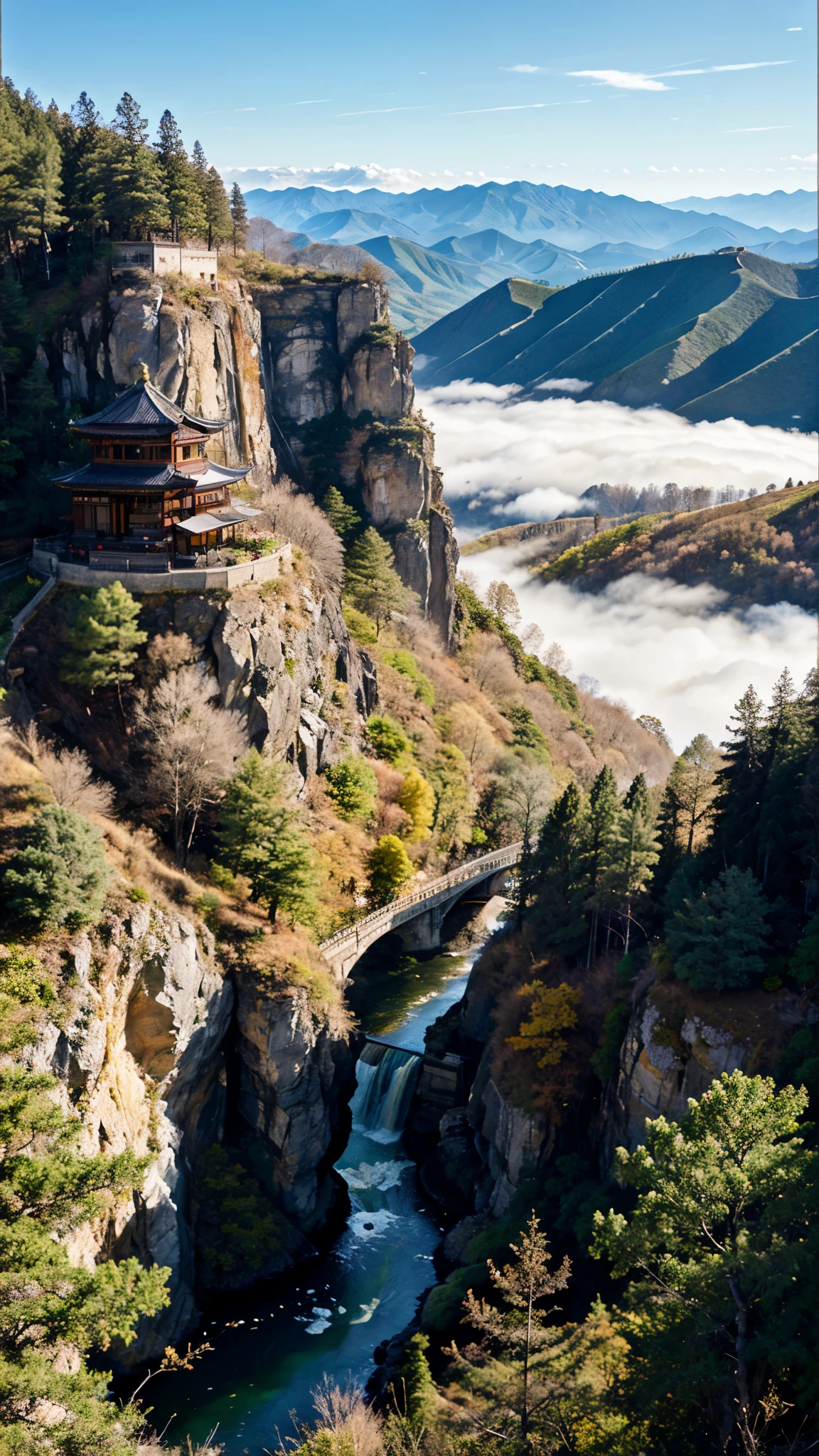 (masterpiece, best quality:1.2),A majestic landscape painting,meticulous,Inspired by the mountains and rivers,Fuchun Mountain Residence Map,Expression techniques of cirrus clouds,flat illustration,traditional Chinese painting,Chinese landscape painting,Chinese architecture,cloud,vertical waterfall on cliff,Vibrant pine trees,fall,Takayama,Black:1.37,Mineral pigments,Ultramarine,Track gold,Clear contours,sketch,Dry Lafa