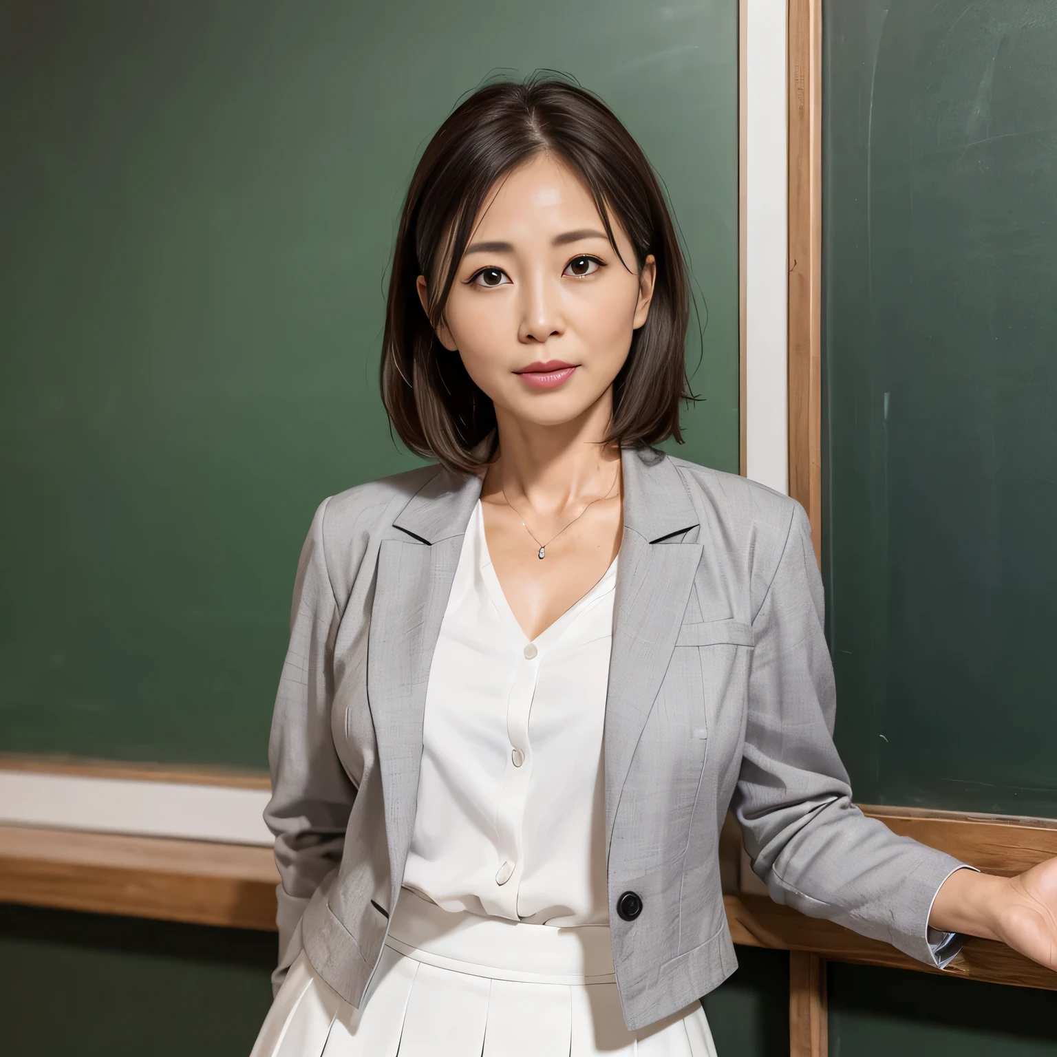 High resolution, High level image quality, high detail, masterpiece, rough skin, anatomically correct, sharp, classroom background, ((japanese mature, 50 years old)), alone, ((facial wrinkles)), good shape big breasts, Straight light brown hair that reaches to the shoulders, (((write on the blackboard,))), Staring straight ahead with an open mouth and a tired face, ((For summer, gray blazer, white blouse, white skirt,))
information