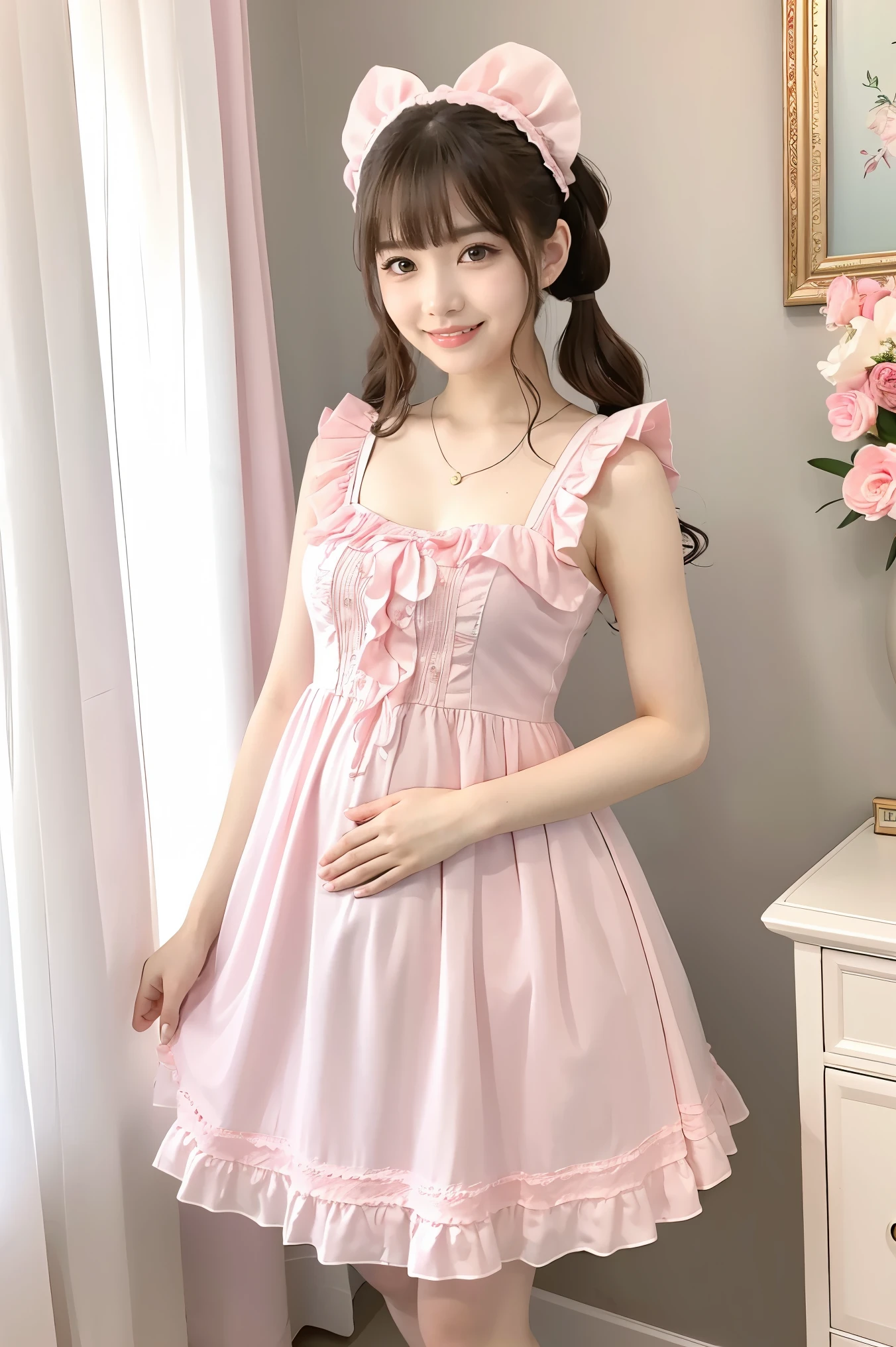 (Highest quality、masterpiece、8k、Best image quality、Hyperrealism、Award-winning works)、One ta girl、(alone:1.1)、(1 photo:1.1)、(Cute and girly light pink ruffled open chest loliress:1.2)、Girly lace decoration、Cute frilly decoration、Cute wavy hair、(Low length:1.1)、(height: 140cm:1.1)、(Big Breasts:1.3)、(Cleavage:1.3)、(Cute heart ornament:1.1)、Lots of cute frills、Big pretty ribbon、Accentuate your body lines、Slender body、(Intricate Lolita rbackground with lots of pastel colored furniture:1.1)、(Light blue and light pink lolita dreamm:1.1)、(Lots of cute pastel-colored furniture:1.2)、(A cute light blue chest of drawers:1.2)、(Cute light blue desk:1.2)、(Cute light pink dressing table:1.3)、(Lots of cute furniture, Perfectly organized:1.1)、(Cute girly curtains in pastel colors:1.1)、(very bright and vivid:1.1)、(Beautiful walls with cute decorations in pastel colors:1.1)、Blurred Background、Standing gracefully in the center of the room、Accurate anatomy、Perfect Makeup、Long eyelashes、Glossy Lips、Ultra HD glossy skin、(Ultra-high resolution, bright and beautiful skin:1.2)、超高精細のGlossy Lips、Ultra-high resolution beautiful teeth、(Voluptuous body:1.1)、Cute heart symbol、wide々Stylish Lolita Room、(Rosse:1.1)、(Light pours in through the beautifully decorated windows.:1.1)