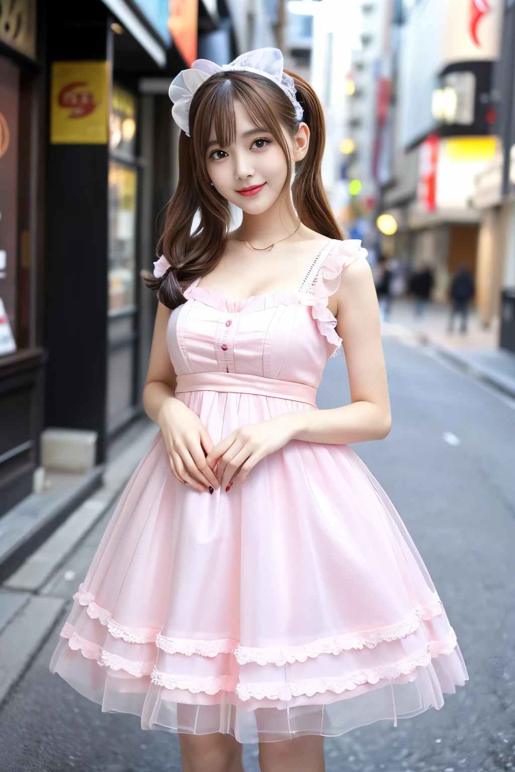 (highest quality、masterpiece、8K、best image quality、hyper realism、Award-winning work)、1 pregnant woman、(solo:1.1)、(1 photo:1.1)、(Feminine and girly cute light pink frilly ****ta dress:1.2)、(Perfect straight twin tails:1.2)、(late pregnancy:1.1)、(low length:1.1)、(Height: 140cm:1.1)、big breasts、emphasize body line、slender body、Standing gracefully、(Blurred Akihabara street background:1.1)、(The background is the blurred city of Akihabara:1.1)、blurred background、Full body photo of a woman standing gracefully、accurate anatomy、perfect makeup、long eyelashes、glossy lips、Ultra high definition glossy skin、(Ultra-high definition bright and beautiful skin:1.1)、超高精細のglossy lips、Super high definition beautiful teeth