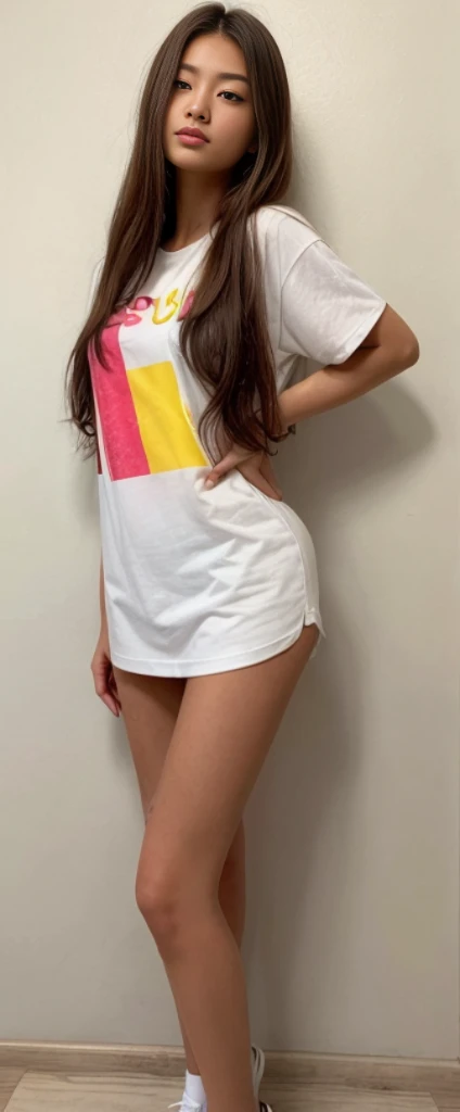 Close-up of a woman standing in a room with white walls, 90's vibe, 90's vibe, 90s style, y2k style, y2k style, 90s vintage print, 90s vintage print, graphic t-shirt, wearing a white T-shirt, 8 styles 0, 2 4 year old female model,japanese woman
