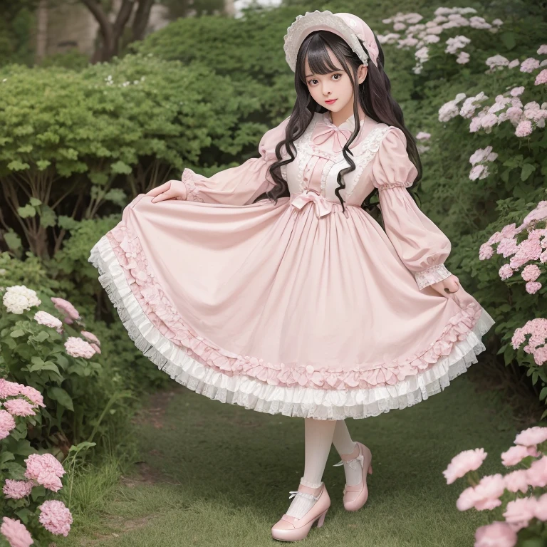 best quality, delicate face，beautiful visual work,lifelike，1 girl, eternal, black hair, Long curly hair, blunt bangs, Smile, pink skirt, pink lolita dress, layered skirt, Lolita style long skirt,分層連衣裙 lace-trimmed 裙子, decorate, lace, long sleeve, puff sleeves, wide sleeves, Transparent sleeves, hair accessories, 在flower园里, flower, Detailed background,  delicate face，pink blush，White knee-length socks, Pink shoes，cold，Lots of lace，((​Masterpiece))、(top quality)、8K、high detail、super detailed，21 years old female，穿着pink lolita dress((dreamy atmosphere:1.1))、Seductive and whimsical style、​Masterpiece、born、Scenes resembling fairy tale illustrations、Intricate details showcase the ruffles and intricate designs of the Lolita dress、beautifully、magic、capricious、 beautifully、Dream aesthetics、「𝓡𝓸𝓶𝓪𝓷𝓽𝓲𝓬、ethereal、charming、fickle、magic」、realism、Visual effects、FXAA、SSAO、shader、voiceless、environmental lighting、Tone mapping、High resolution、ultra high definition、megapixel、(8K resolution:1.10)、8K、Below 8K、8K resolution、high detail、intricate details， (high quality:1.2、​Masterpiece:1.2、:1.21)、(21 years old female:1.21)、(興奮地Smile)、(Surrounded by the dreamy atmosphere、High heel、Model diagram，full-body shot，Knee-high 白色的 lace socks,Sweet Lolita，Normal 2 feet，Pink shoes，Baotou shoes，silver crown tiara，Don't show your fingers，lolita cake dress，Thousand layer skirt，Every layer has lace，The skirt has a hem，cold，huge breasts，hands on hips，Wide cuffs cover hands，
