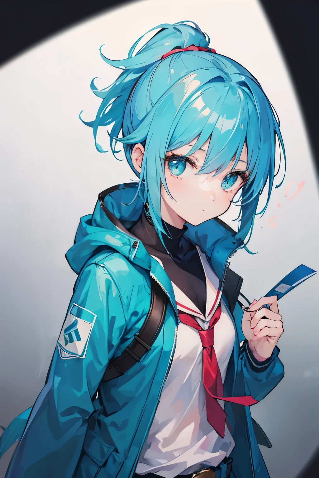 Drawing of a girl with blue hair and a blue jacket, rimuru, 2 d anime style, profile shot of rimuru tempest, rimuru tempest, 2 D Anime, Fubuki, full face shot of rimuru tempest, short hair, Anime girl with teal hair, 2d art, 2 d art, Ponytail Girl, Blue tie, White shirt, Indigo Jacket, Brown belt at waist,she wear blue jeans.