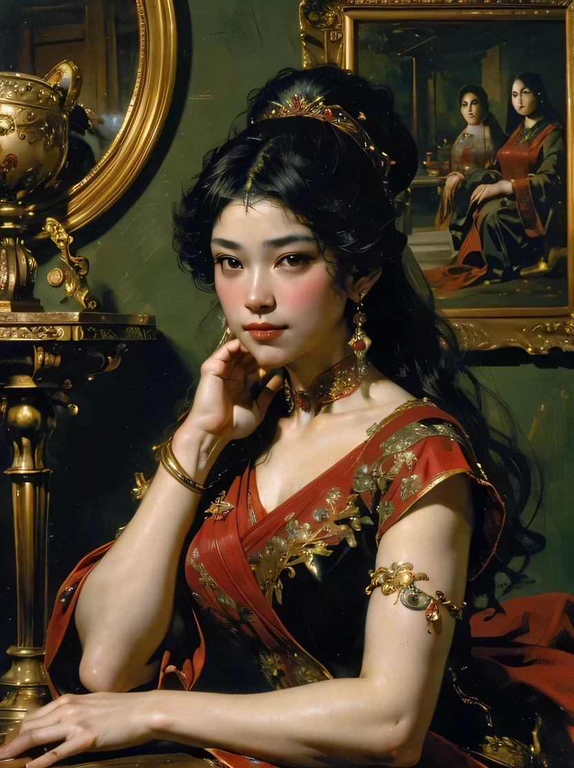 ((masterpiece、highest quality、Super fine、High resolution、sharp focus、cinematic lighting))、((1 female、bust shot))、focus from the chest up、Woman with long black hair、exquisite features、chignon、hairpin、red cheongsam、Plain wall background、((renaissance classic oil painting style))、Sitting on a stool、((view audience、Detailed hand depiction))、Fechin、oil painting