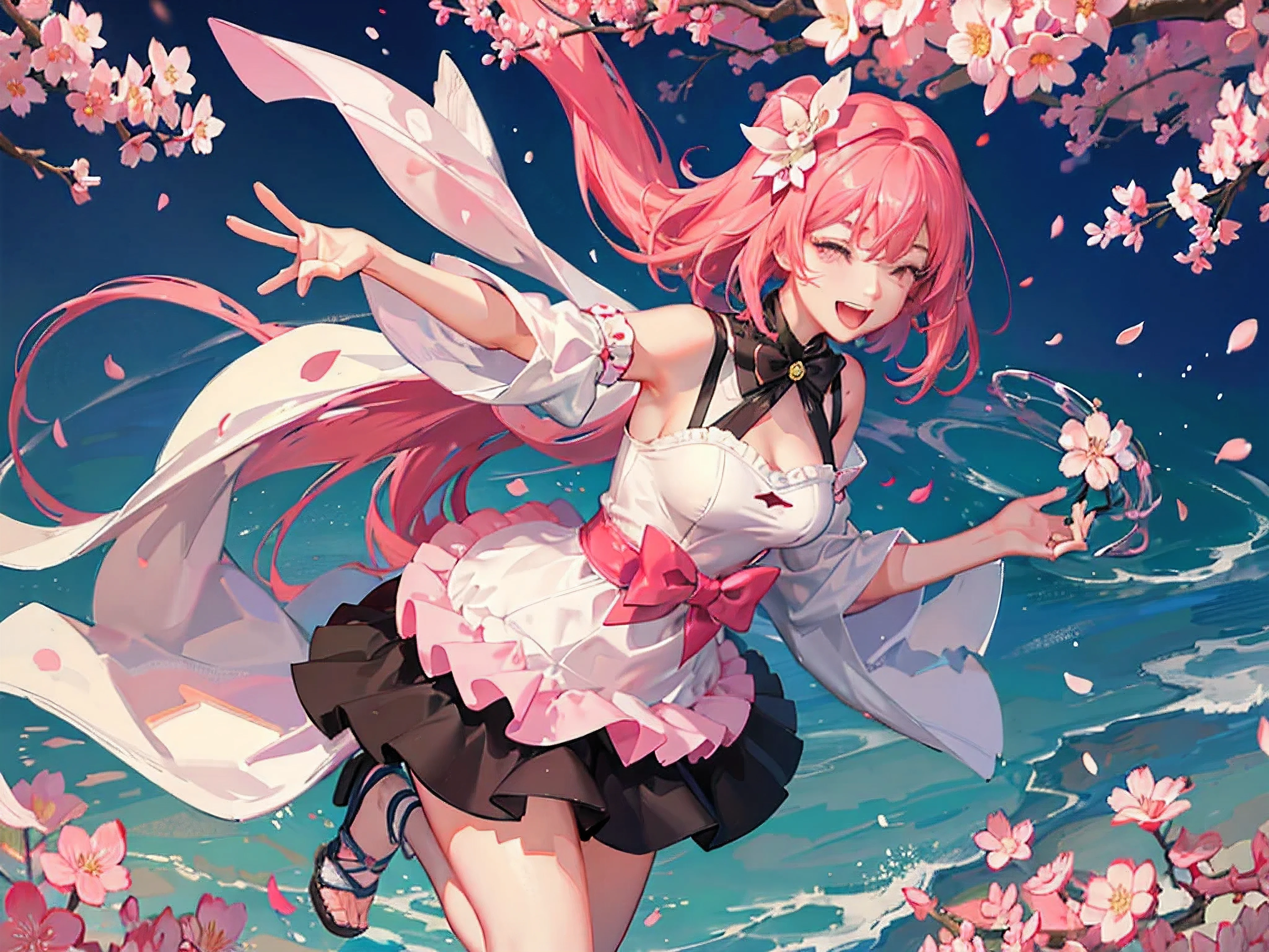 Ultra detailed, high resolution, digital art, anime style, a girl standing, with arms spread and eye closed, laughing, with a Sakura tree directly behind her, wind blowing, the girl is surrounded in cherry blossom petals, as it the cherry blossom petals are swirling around her. The picture is vibrant and full of colors that brings joy. Out-zoom, full frame image, (no-crop, no-zoom in)