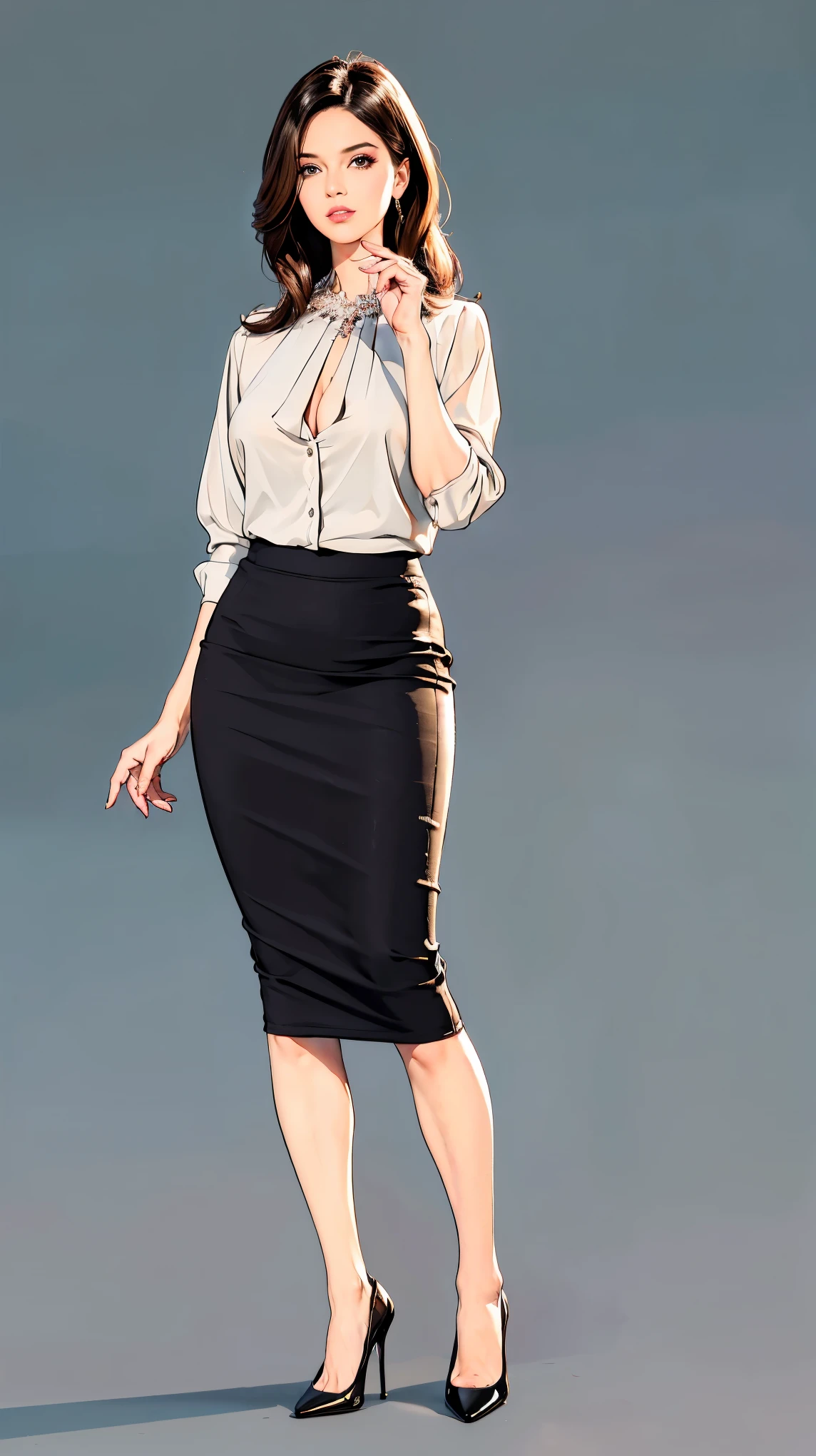 ((best quality,4k,highres,masterpiece:1.2)),((character concept art)), 1 female, 33-year-old university teacher, ((elegant, ethereal beauty)), brunette hair, (fair skin colour), ultra finely detailed eyes (hazel eyes colour), hot, intelligent, educational enthusiast, slim body build, ((intricate detail)), super finely detailed hands, ultra finely detailed fingers(((ten fingers))), wearing outfit:((form-fitting blouse, pencil skirt, heels)), (standing professionally), (full body showcase), (show full body), (no logos on background), (no logo), ((plain background)), ((plain background)), (((empty background)))