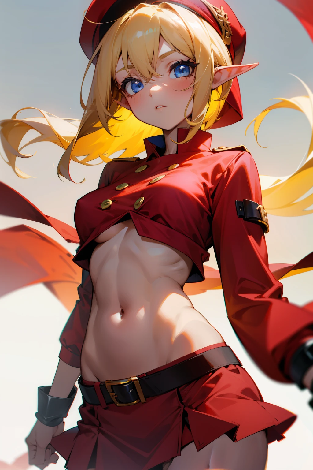 Girl, elf, blonde hair, blue eyes, red hat, red clothes, yellow buttons, medium-sized breasts, exposed stomach, black belt, short red skirt,