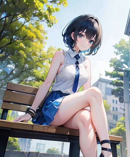 highest quality、(figure:black hair、blue eyes、big breasts、girl、smile)、(hairstyle:medium short、shaggy、asymmetry)(clothing:white sleeveless y-shirt、no tie、open collar、Light blue flared skirt、Leather bracelet on arm)、(place:spring park)、(angle:dynamic　、look up from below、full body portrait)、Pause:(sitting on a wooden bench、)