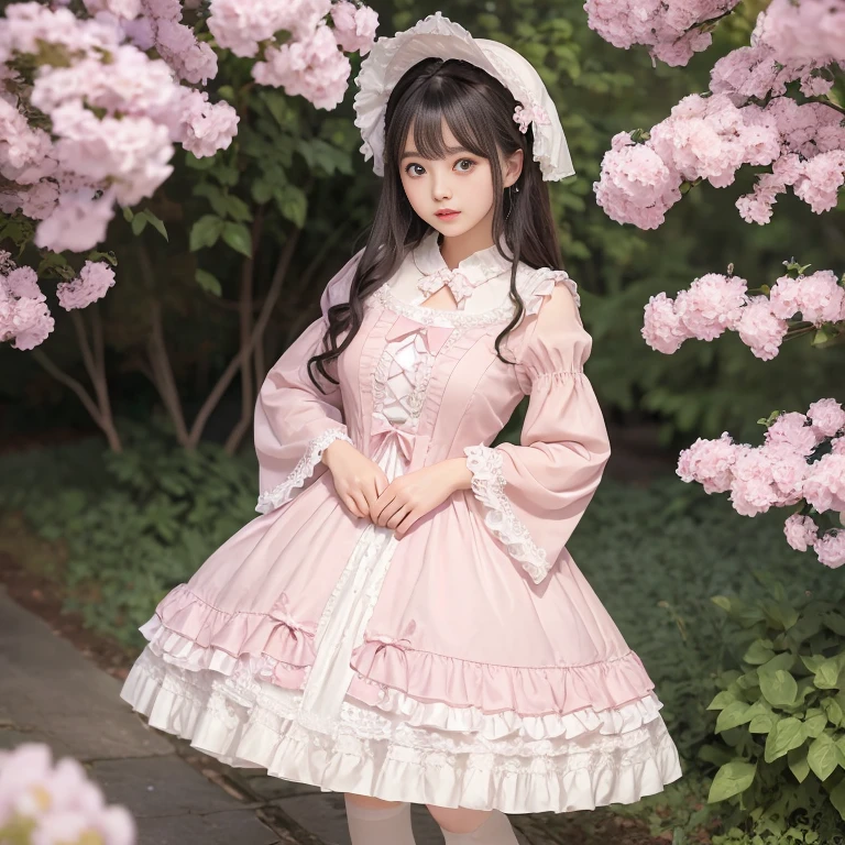 best quality, delicate face，beautiful visual work,lifelike，1 girl, eternal, black hair, Long curly hair, blunt bangs, Smile, pink skirt, pink lolita dress, layered skirt, Lolita style long skirt,分層連衣裙 lace-trimmed 裙子, decorate, lace, long sleeve, puff sleeves, wide sleeves, Transparent sleeves, hair accessories, 在flower园里, flower, Detailed background,  delicate face，pink blush，White knee-length socks, Pink shoes，cold，Lots of lace，((​Masterpiece))、(top quality)、8K、high detail、super detailed，21 years old female，穿着pink lolita dress((dreamy atmosphere:1.1))、Seductive and whimsical style、​Masterpiece、born、Scenes resembling fairy tale illustrations、Intricate details showcase the ruffles and intricate designs of the Lolita dress、beautifully、magic、capricious、 beautifully、Dream aesthetics、「𝓡𝓸𝓶𝓪𝓷𝓽𝓲𝓬、ethereal、charming、fickle、magic」、realism、Visual effects、FXAA、SSAO、shader、voiceless、environmental lighting、Tone mapping、High resolution、ultra high definition、megapixel、(8K resolution:1.10)、8K、Below 8K、8K resolution、high detail、intricate details， (high quality:1.2、​Masterpiece:1.2、:1.21)、(21 years old female:1.21)、(興奮地Smile)、(Surrounded by the dreamy atmosphere、High heel、Model diagram，full-body shot，Knee-high 白色的 lace socks,Sweet Lolita，Normal 2 feet，Pink shoes，Baotou shoes，silver crown tiara，Don't show your fingers，lolita cake dress，Thousand layer skirt，Every layer has lace，The skirt has a hem，cold，huge breasts，hands on hips，Wide cuffs cover hands，