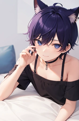Downer handsome boy cat eyes piercings in both ears Short sleeve shorts illustration style Slender body naughty smile lying down