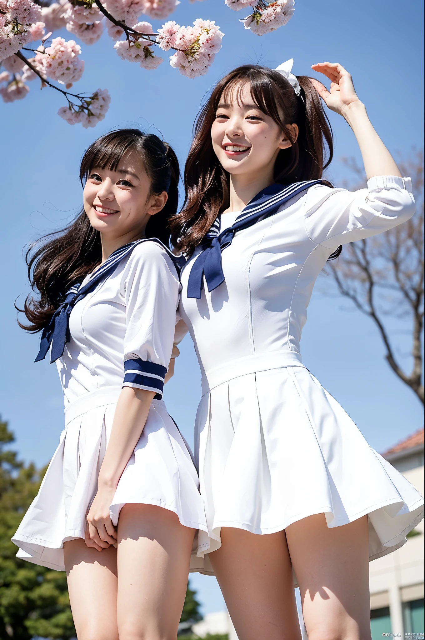 2 girls jumping in windy cherry blossom school yard,long-sleeved white sailor frilled long dress with flare skirt fluttering,white thong,white socks,18-year-old,bangs,a little smile,thighs,knees,low ponytail,hair blowing in wind,barrette,from below,front light