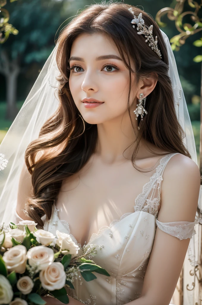 labios ligeramente abiertos, wedding dress,bride,waiting for love,beautiful detailed eyes,beautiful detailed lips,extremely detailed eyes and face,long eyelashes,fairy tale atmosphere,soft lighting,romantic mood,stunning background,flowers,dreamy colors,emotional expression,romantic pose,blurred background,shimmering veil,delicate lace,sparkling tiara,elegant hairstyle,vintage decor,vintage furniture,ethereal atmosphere,gentle breeze,whispering trees,lovely smile,anticipation,heartfelt emotions,gentle and loving,graceful movements,soft and gentle touch,warm and tender moment,romantic atmosphere,photorealistic masterpiece,highest quality 4k resolution,studio lighting,vivid colors