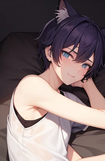 Downer handsome boy cat eyes piercings in both ears Short sleeve shorts illustration style Slender body naughty smile lying down