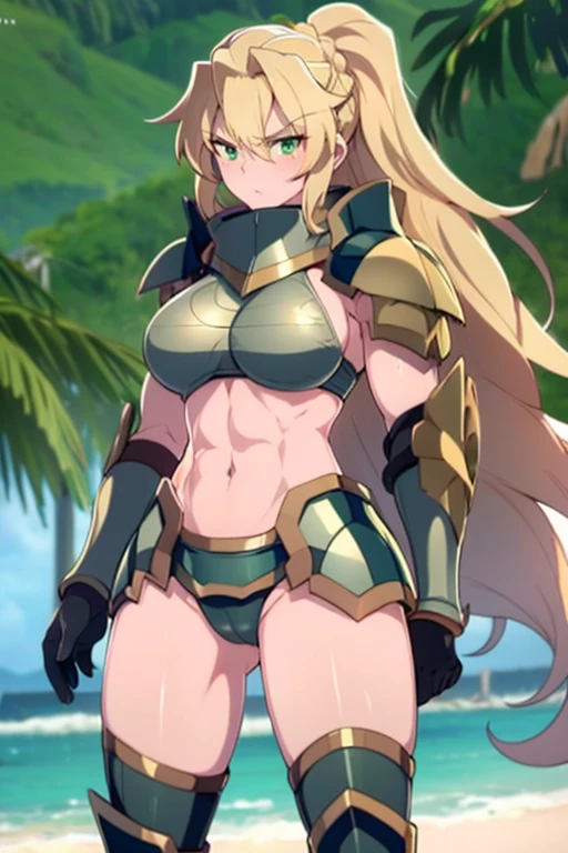 ((1 girl)), extremely long hair, solo, ((muscular)), veins, blonde hair, green eyes, blushing, thick thighs, pale skin, strong, veins, abs, big thighs, huge breasts, navel, standing, angry, blushing, tight bikini armor