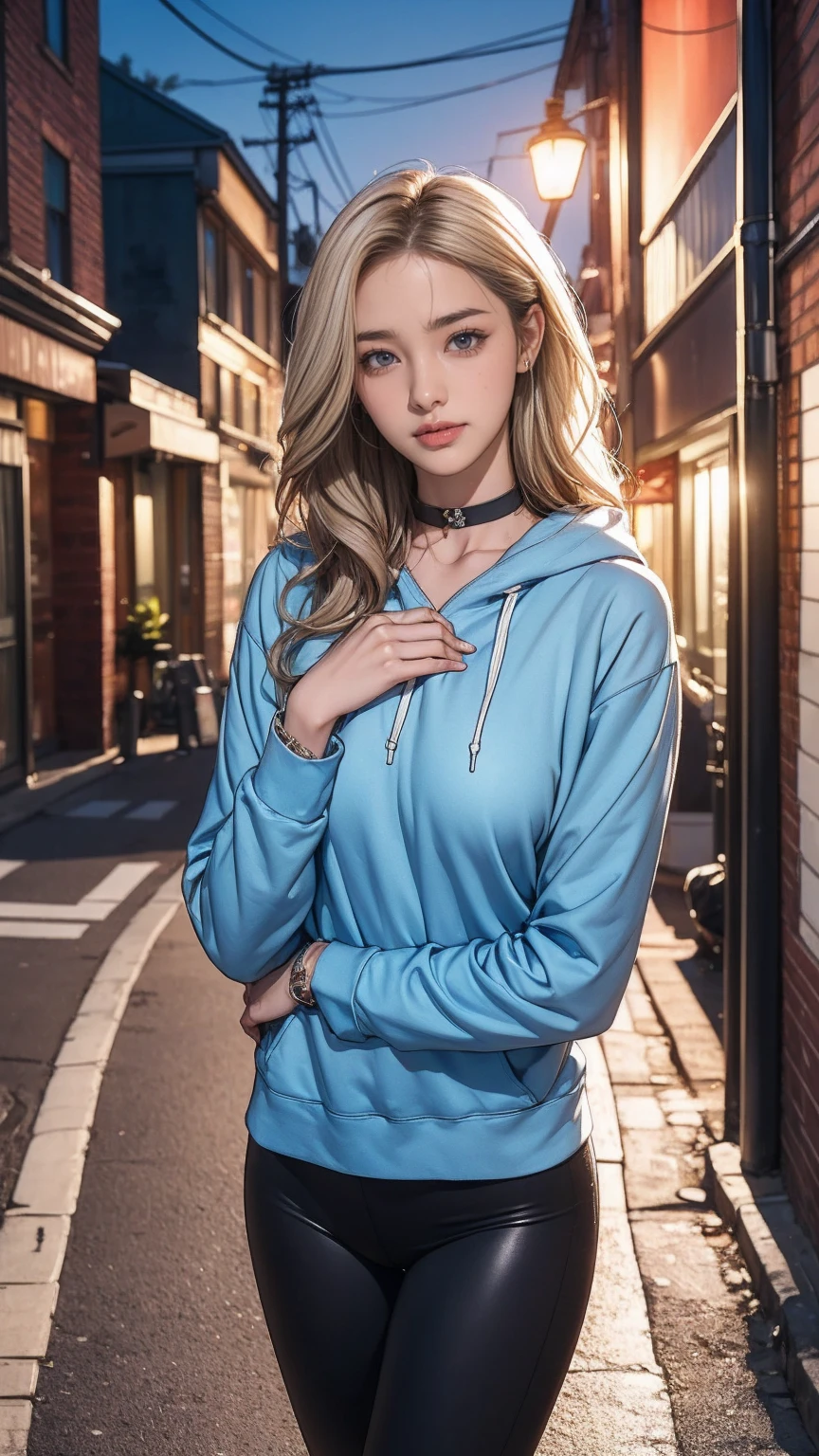 23 year old white female、platinum blonde、blue eyes、long hair、my hair is wavy、accessories on the wrist、wearing a choker、smile、Navel is coming out、big breasty abs are cracked、slim muscular body、I don't want my head to disappear from the screen.、I'm in a back alley in a downtown area at night、wearing a hoodie and covering the hood、Look at me while hiding your face with the hood、I'm wearing leggings、standing sideways、I'm punching my chest、shiny skin、I'm wearing headphones、wear sneakers