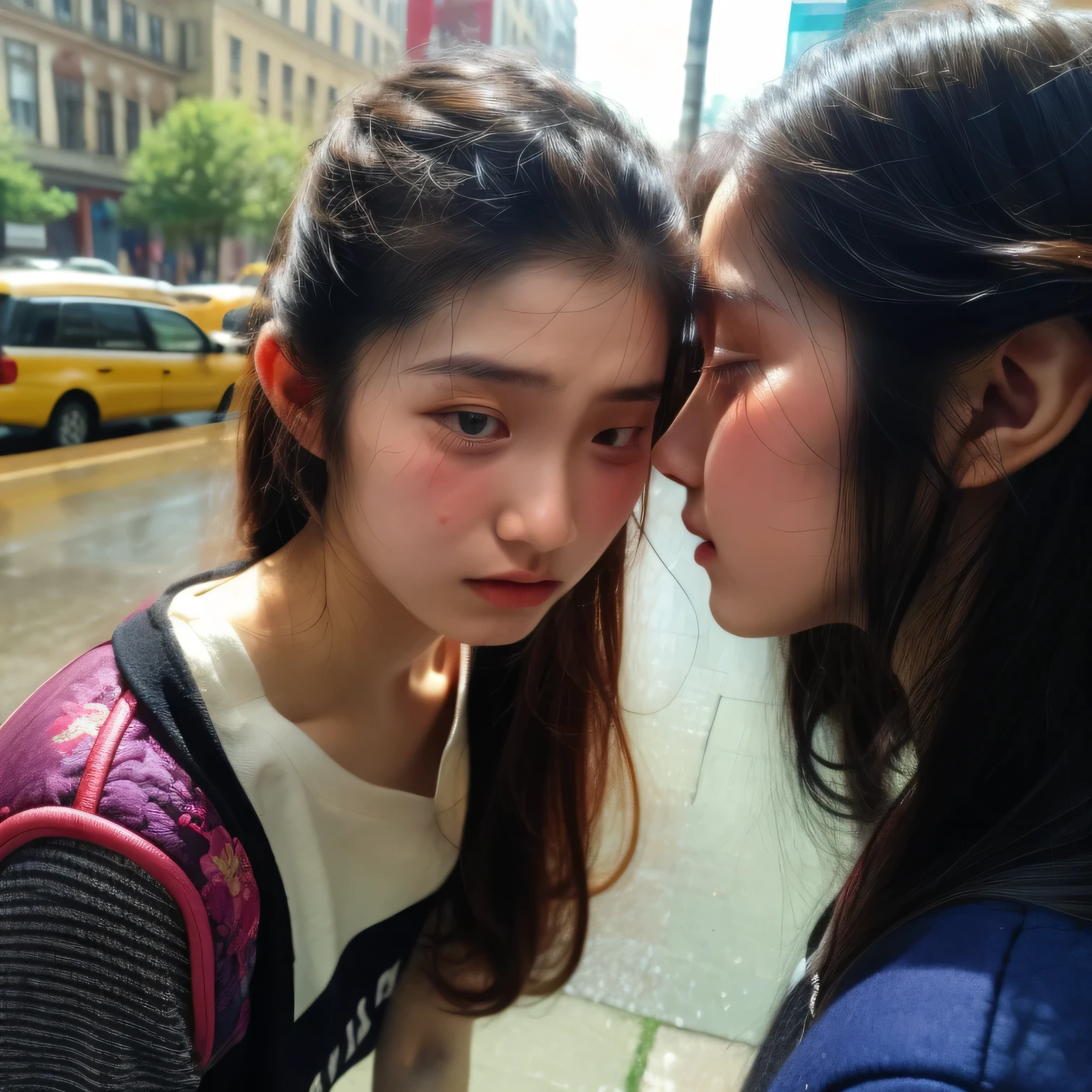 Identical twin sisters, 16 years old, bangs, crying face
