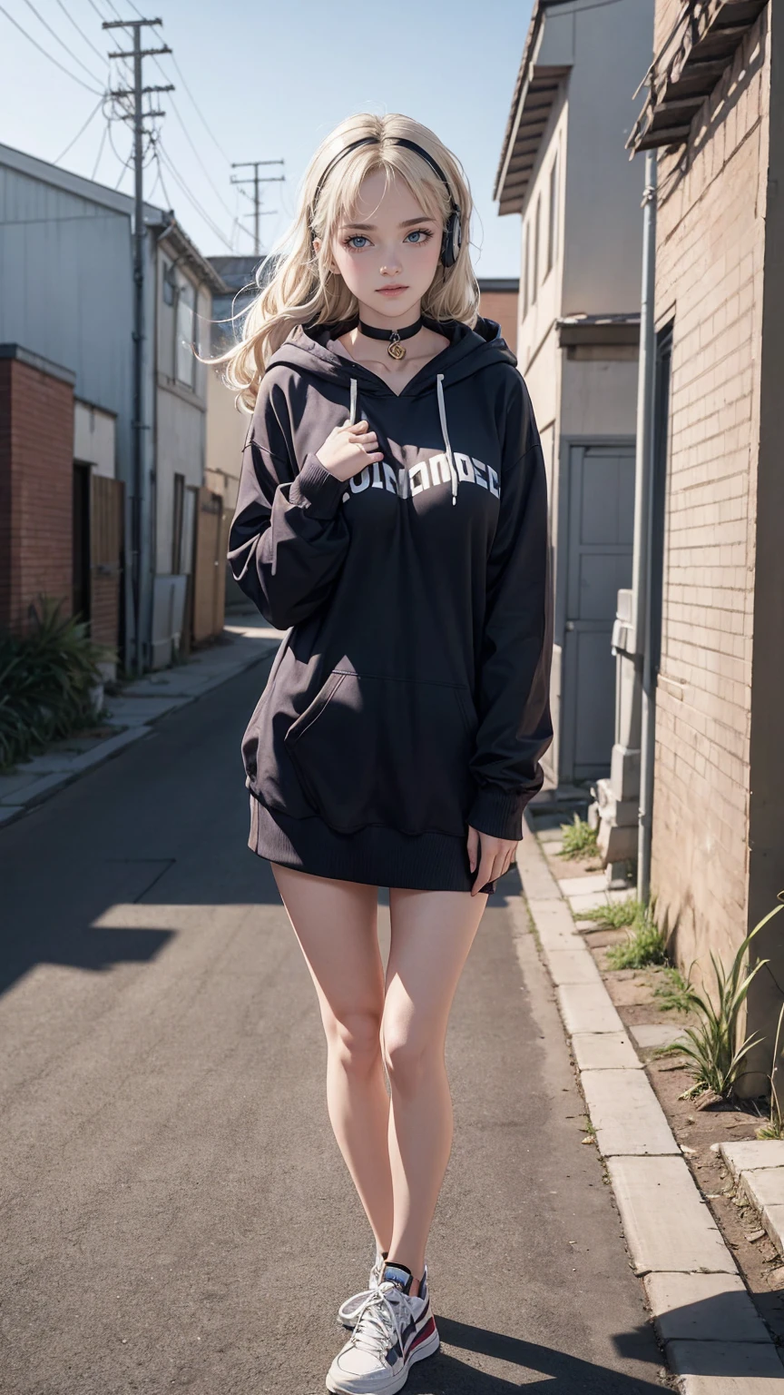 23 year old white female、platinum blonde、blue eyes、long hair、my hair is wavy、accessories on the wrist、wearing a choker、smile、Navel is coming out、big breasty abs are cracked、slim muscular body、I don't want my head to disappear from the screen.、I'm in a back alley in a downtown area at night、wearing a hoodie and covering the hood、Look at me while hiding your face with the hood、I'm wearing leggings、standing sideways、I'm punching my chest、shiny skin、I'm wearing headphones、wear sneakers